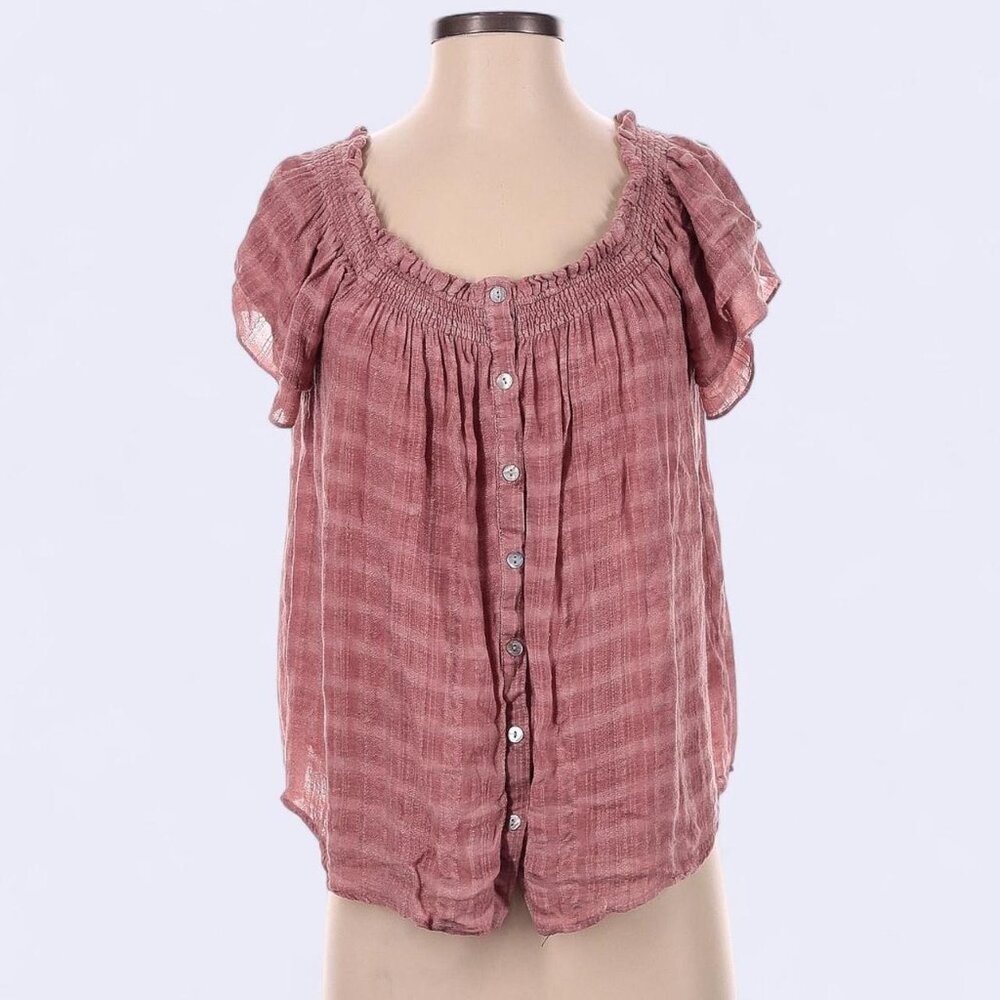 Pink plaid blouse with ruffled neckline